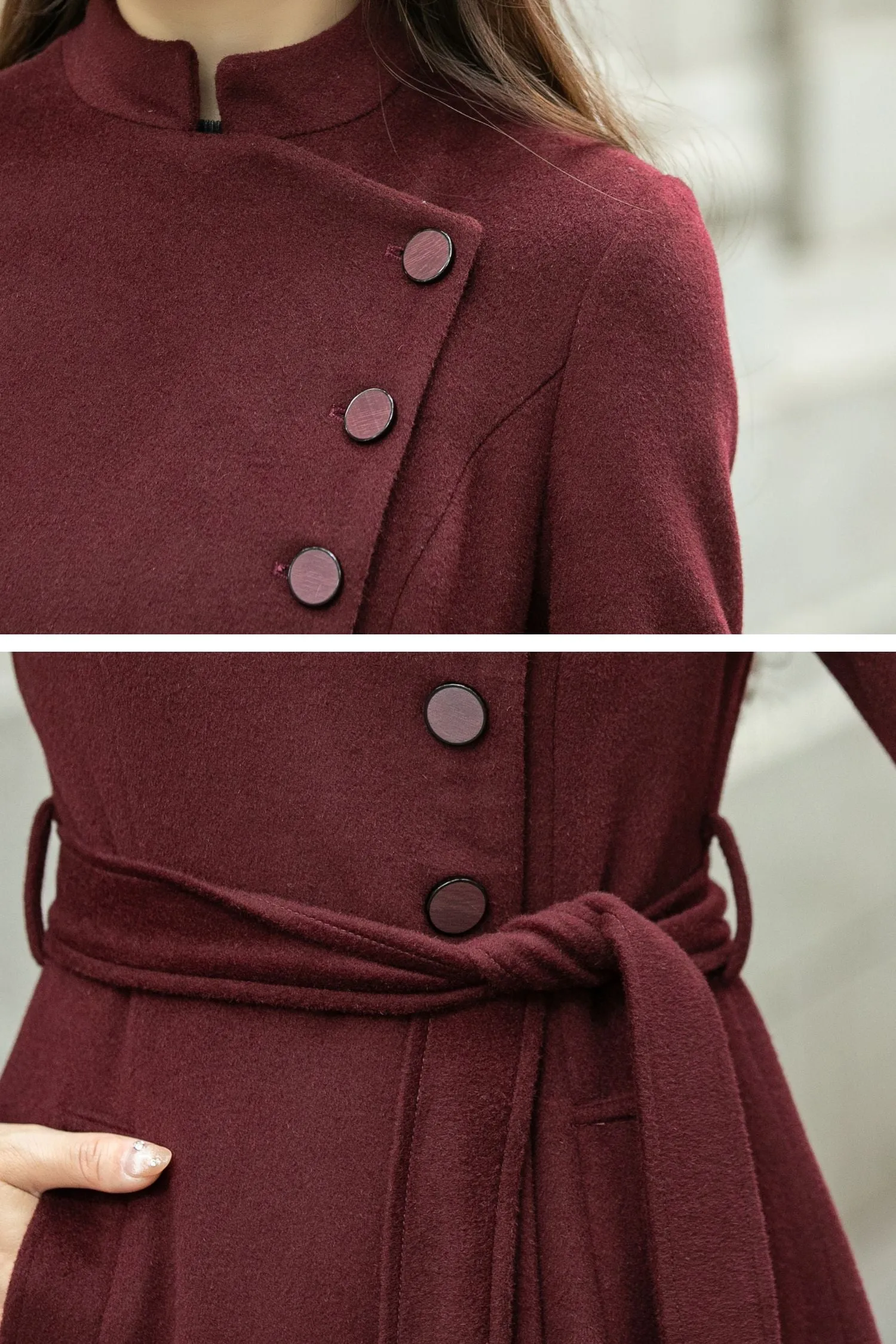 Burgundy long winter wool coat C4502