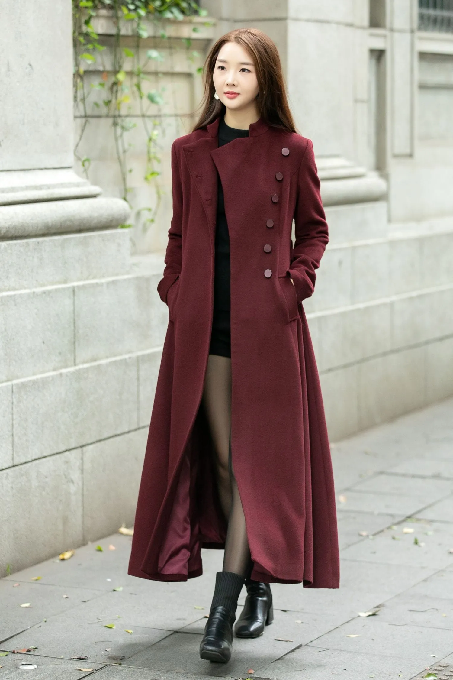 Burgundy long winter wool coat C4502