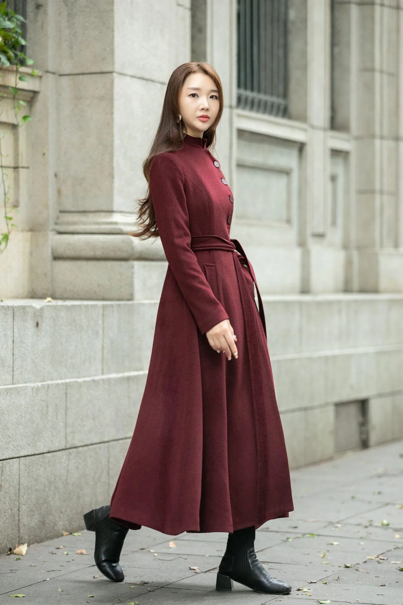 Burgundy long winter wool coat C4502