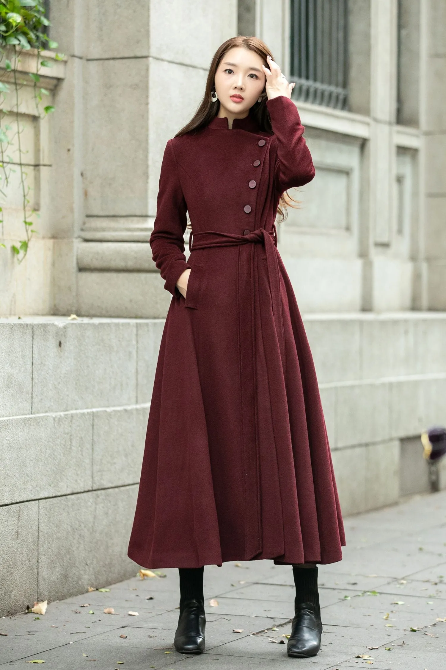 Burgundy long winter wool coat C4502