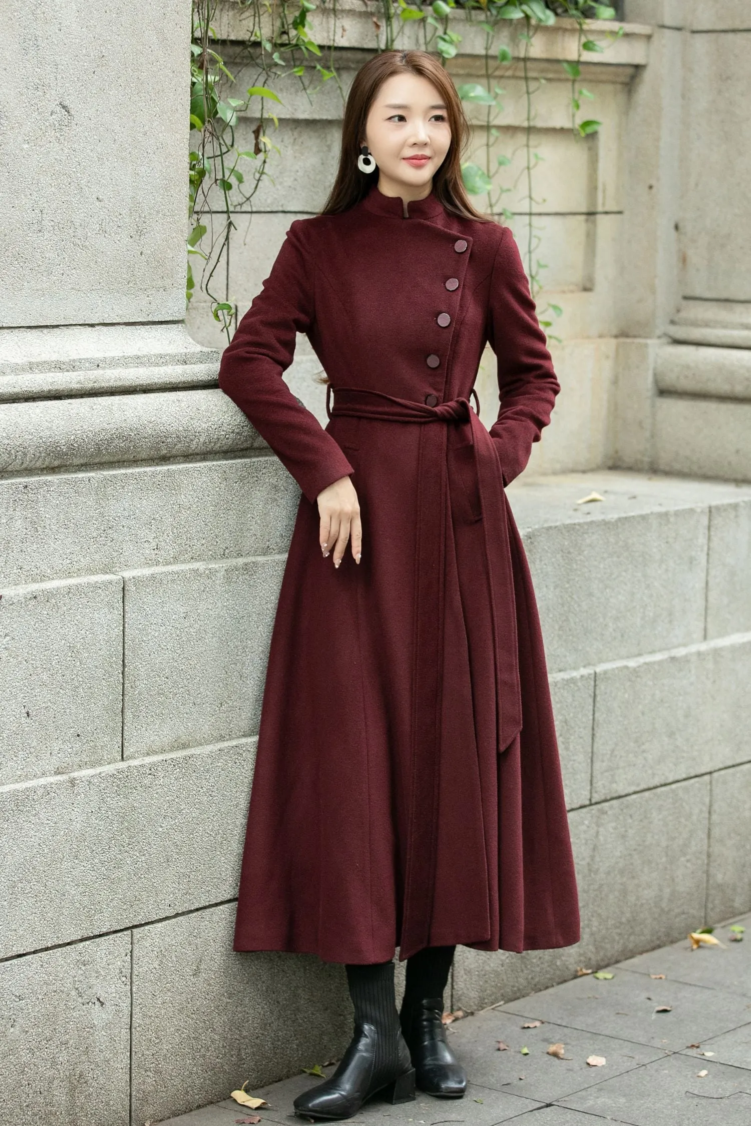 Burgundy long winter wool coat C4502