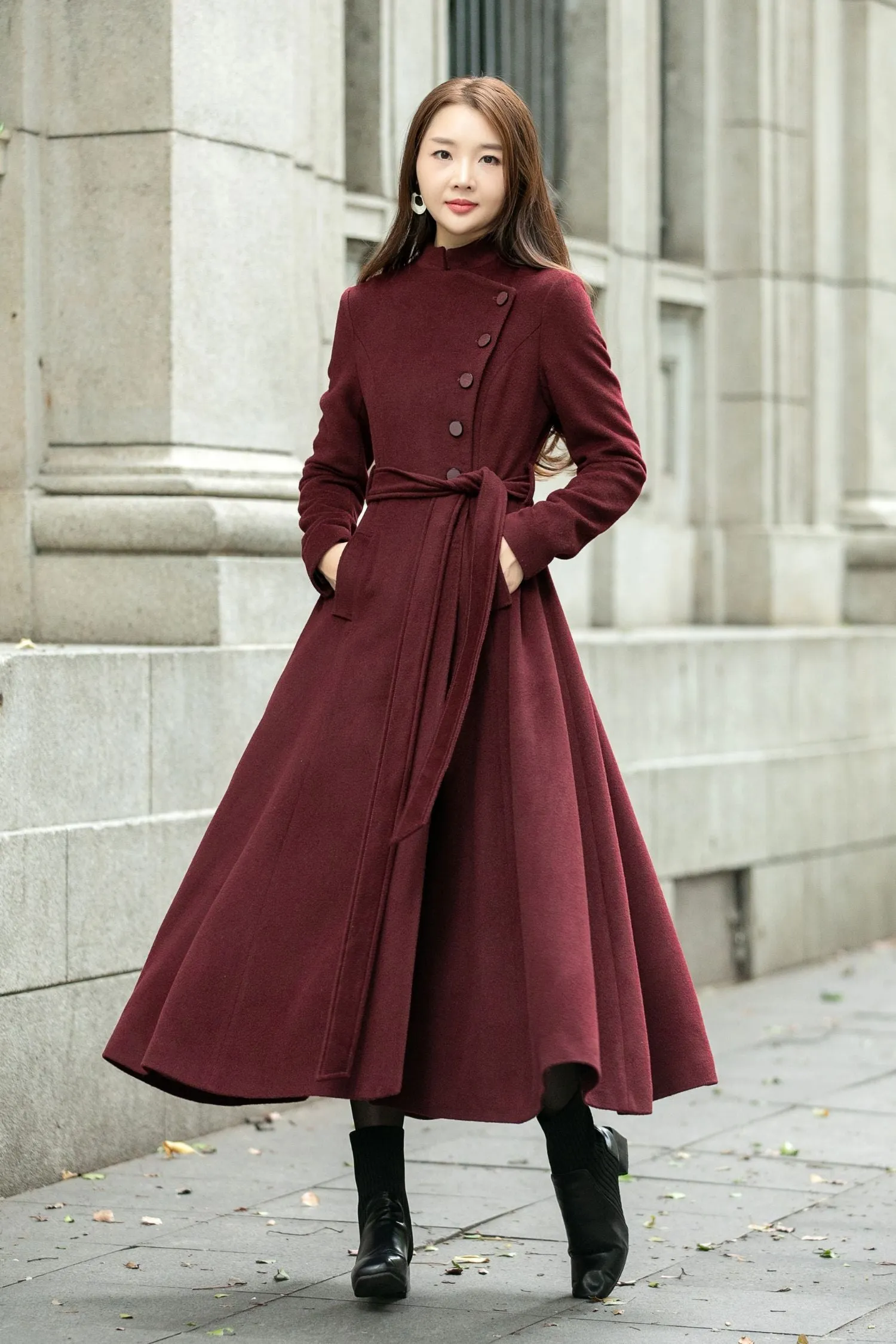 Burgundy long winter wool coat C4502