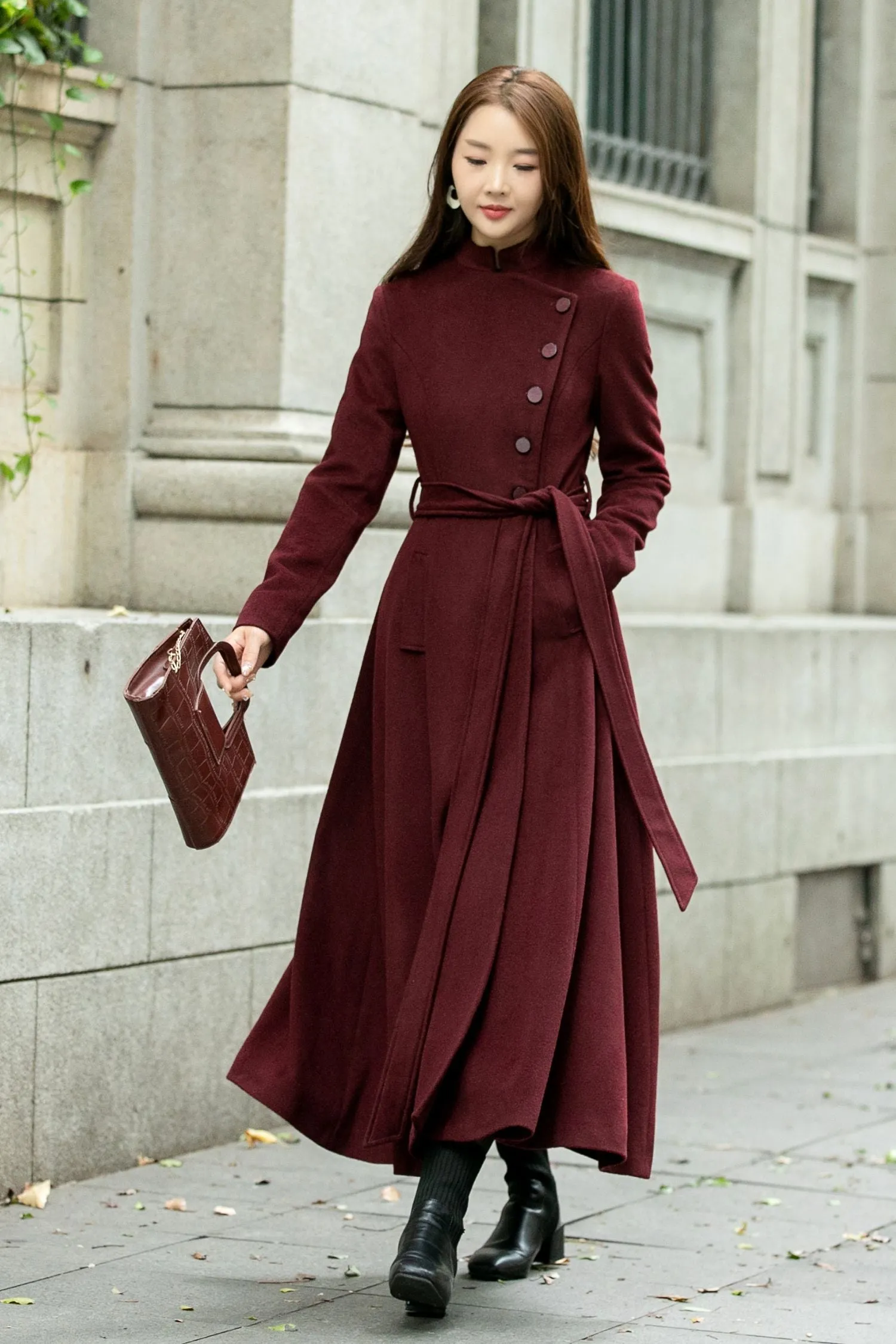 Burgundy long winter wool coat C4502