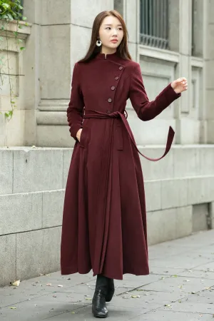 Burgundy long winter wool coat C4502