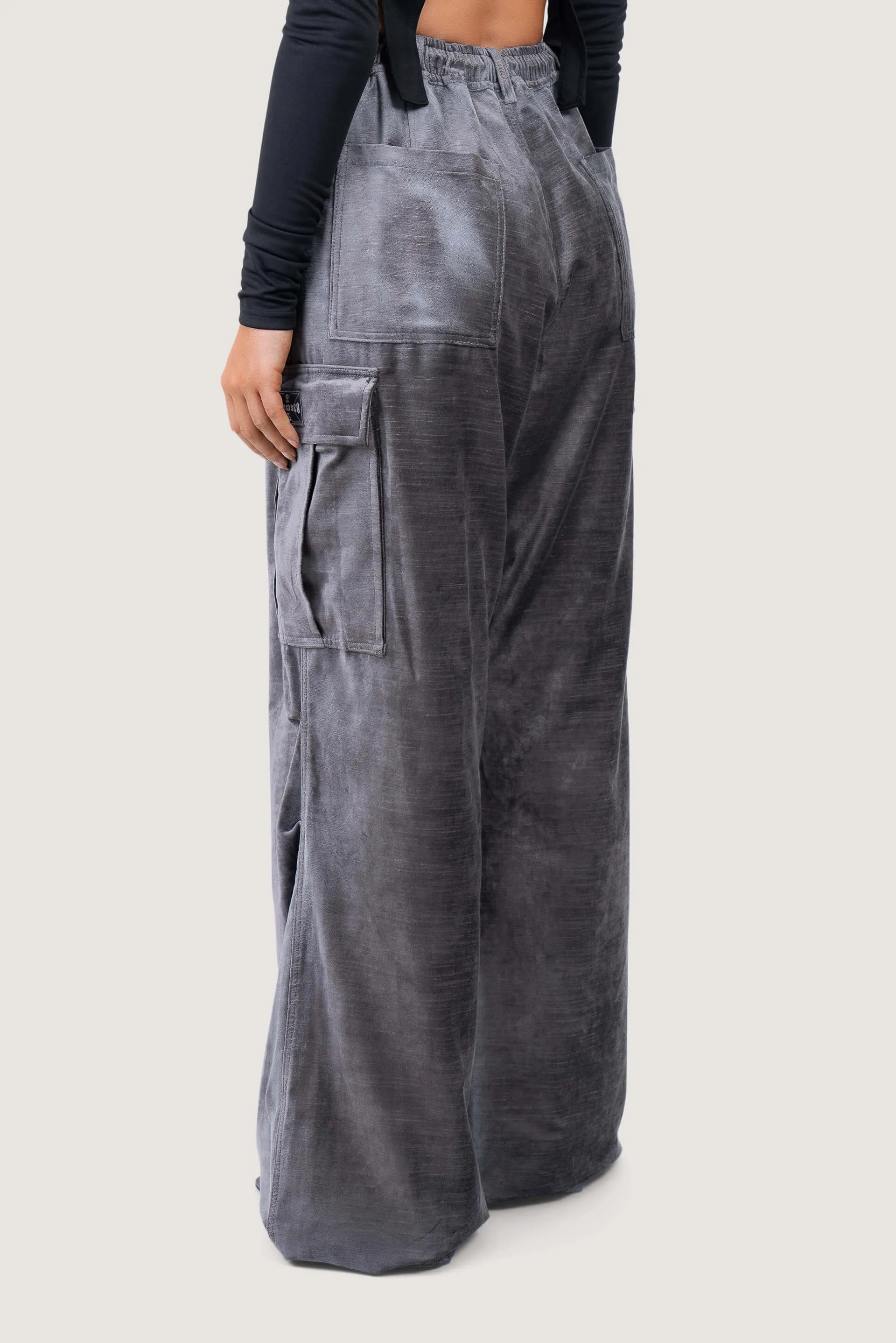 Destressed Oversized Velvet Cargo Pants
