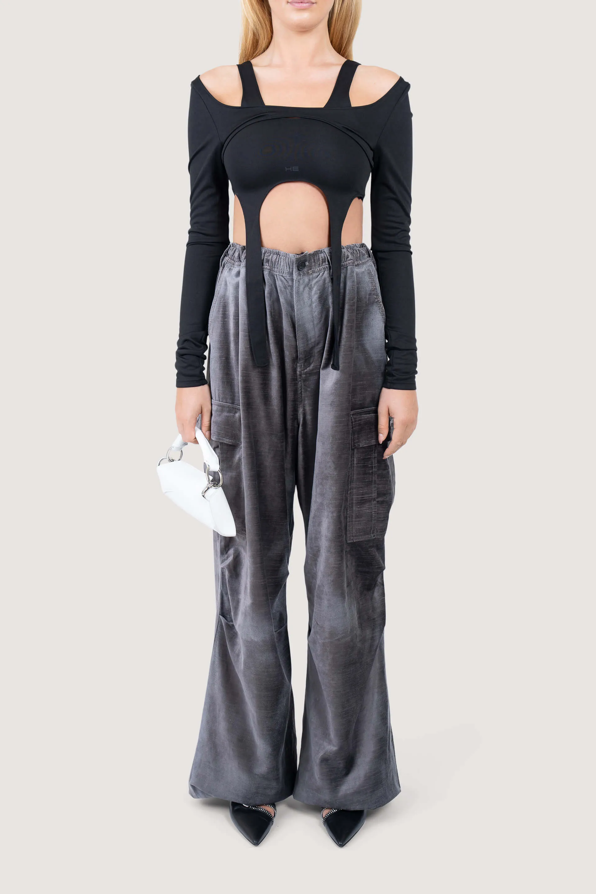Destressed Oversized Velvet Cargo Pants