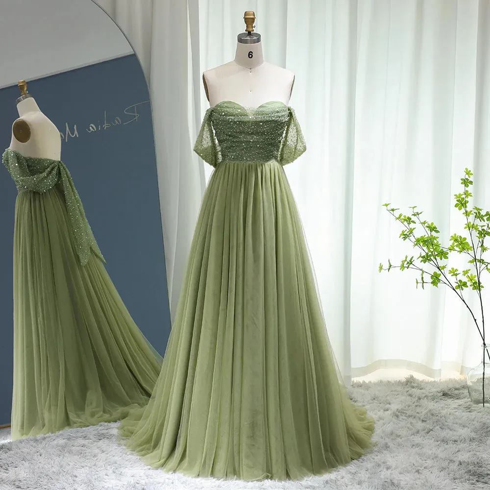 Elegant Off Shoulder Sage Evening Dresses for Women Wedding Guest Luxury Beaded Arabic Long Formal Party Gown
