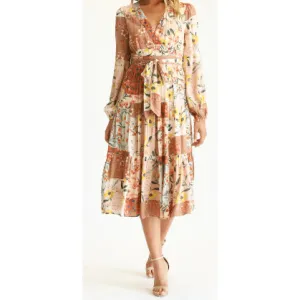 Faux Wrap Patchwork Dress in Floral Pattern with Belt by FATE