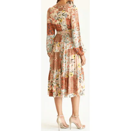 Faux Wrap Patchwork Dress in Floral Pattern with Belt by FATE