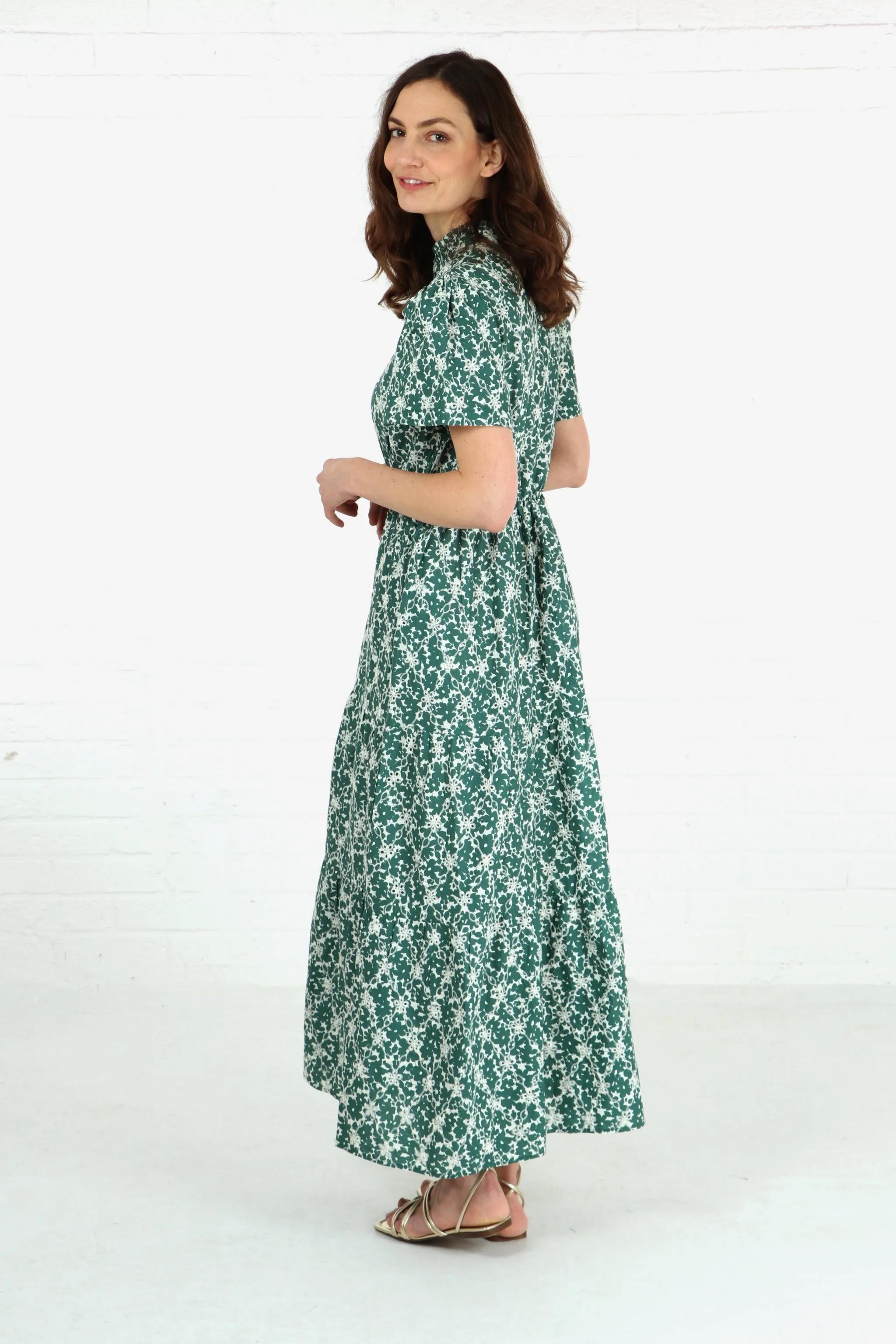 Floral Broderie Anglaise Tiered Short Sleeved Cotton Maxi Dress in Green