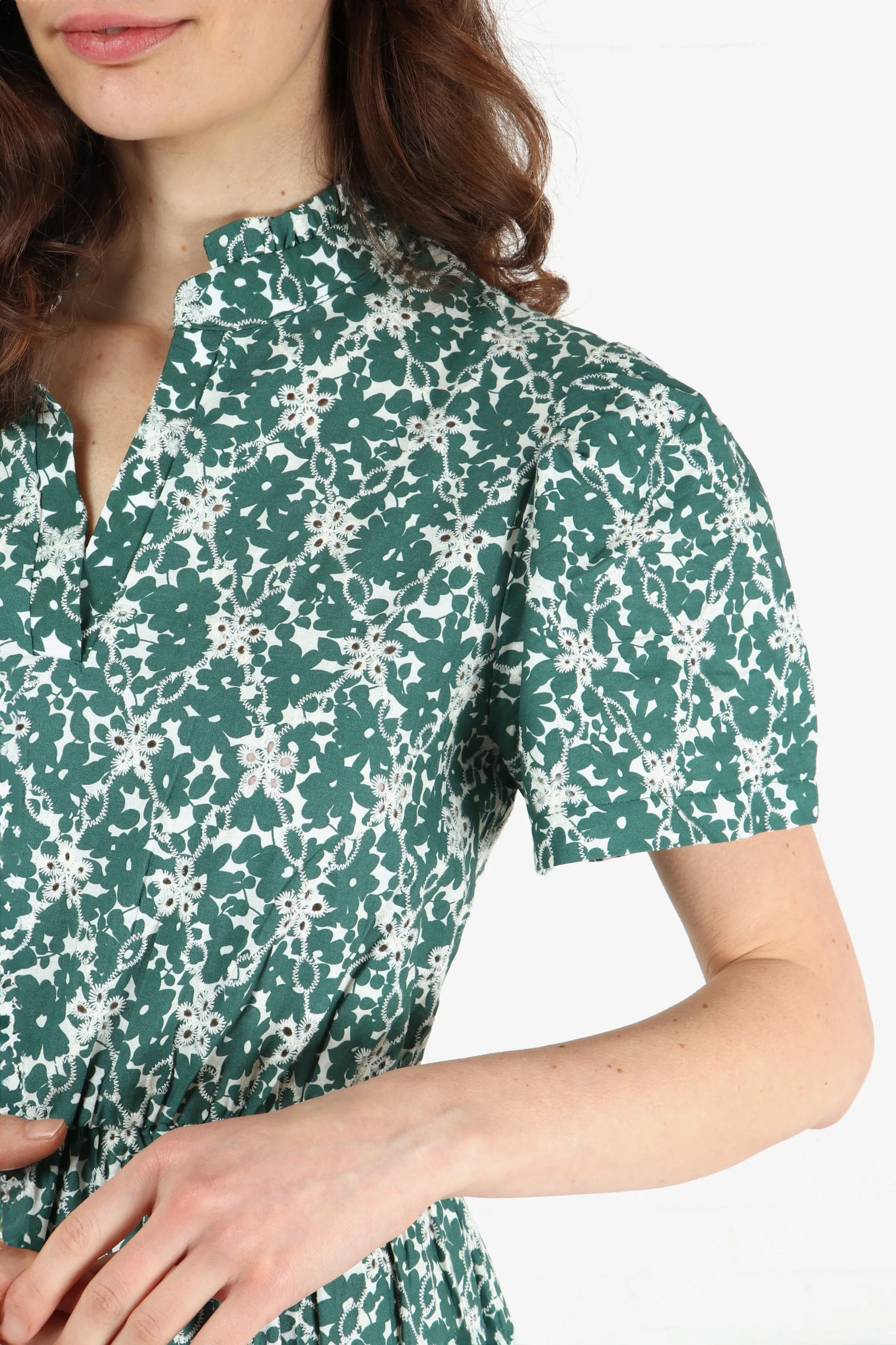 Floral Broderie Anglaise Tiered Short Sleeved Cotton Maxi Dress in Green