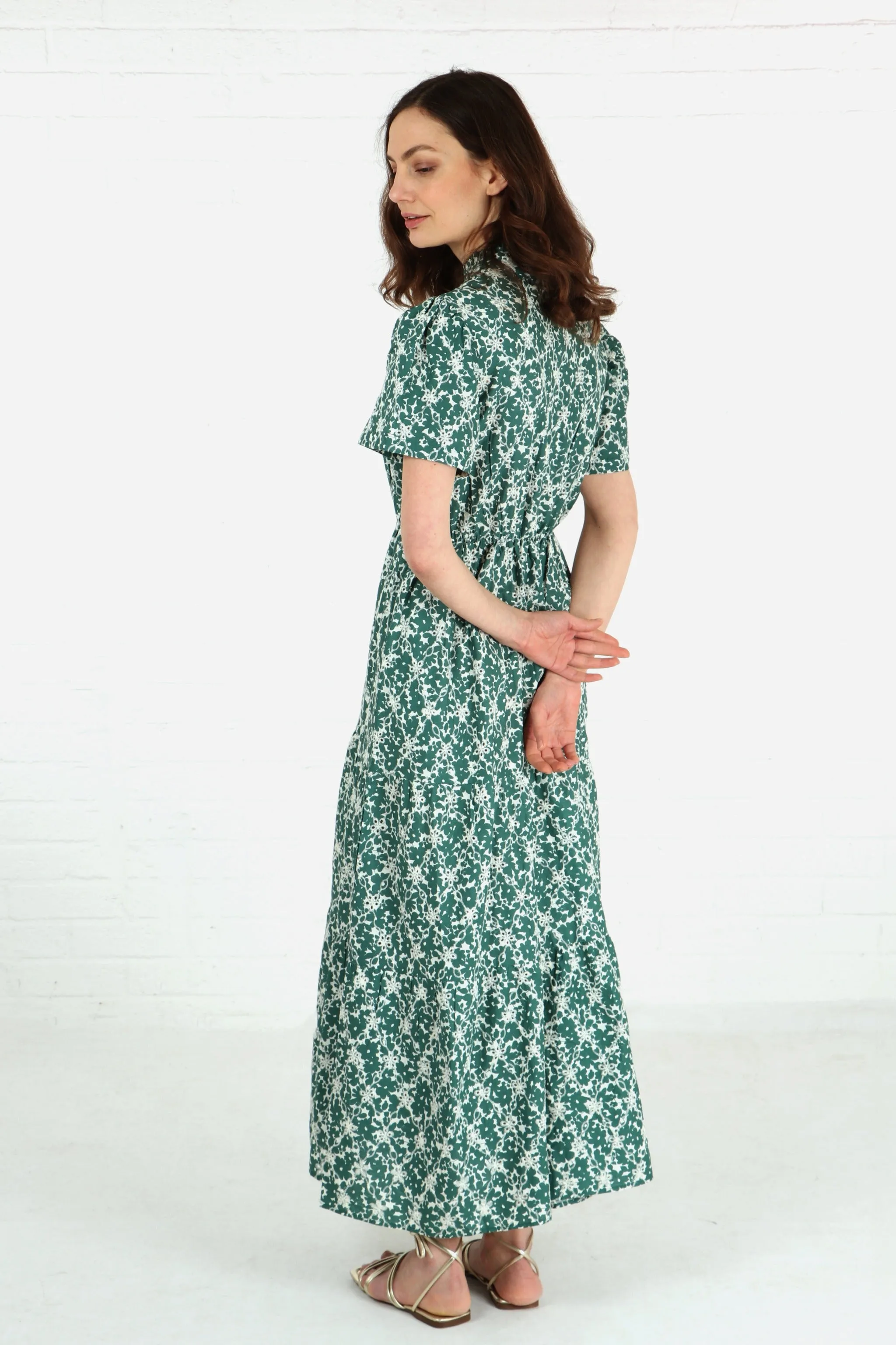 Floral Broderie Anglaise Tiered Short Sleeved Cotton Maxi Dress in Green