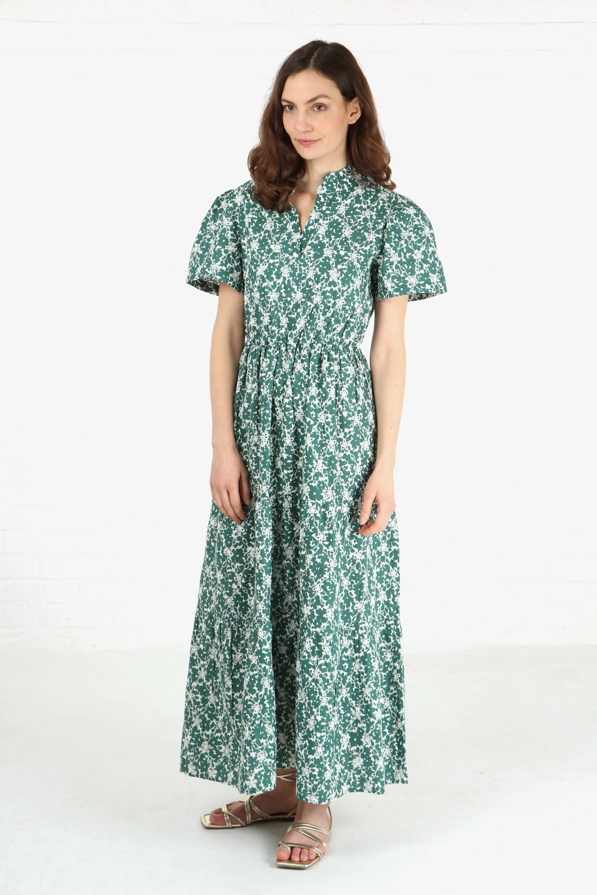 Floral Broderie Anglaise Tiered Short Sleeved Cotton Maxi Dress in Green