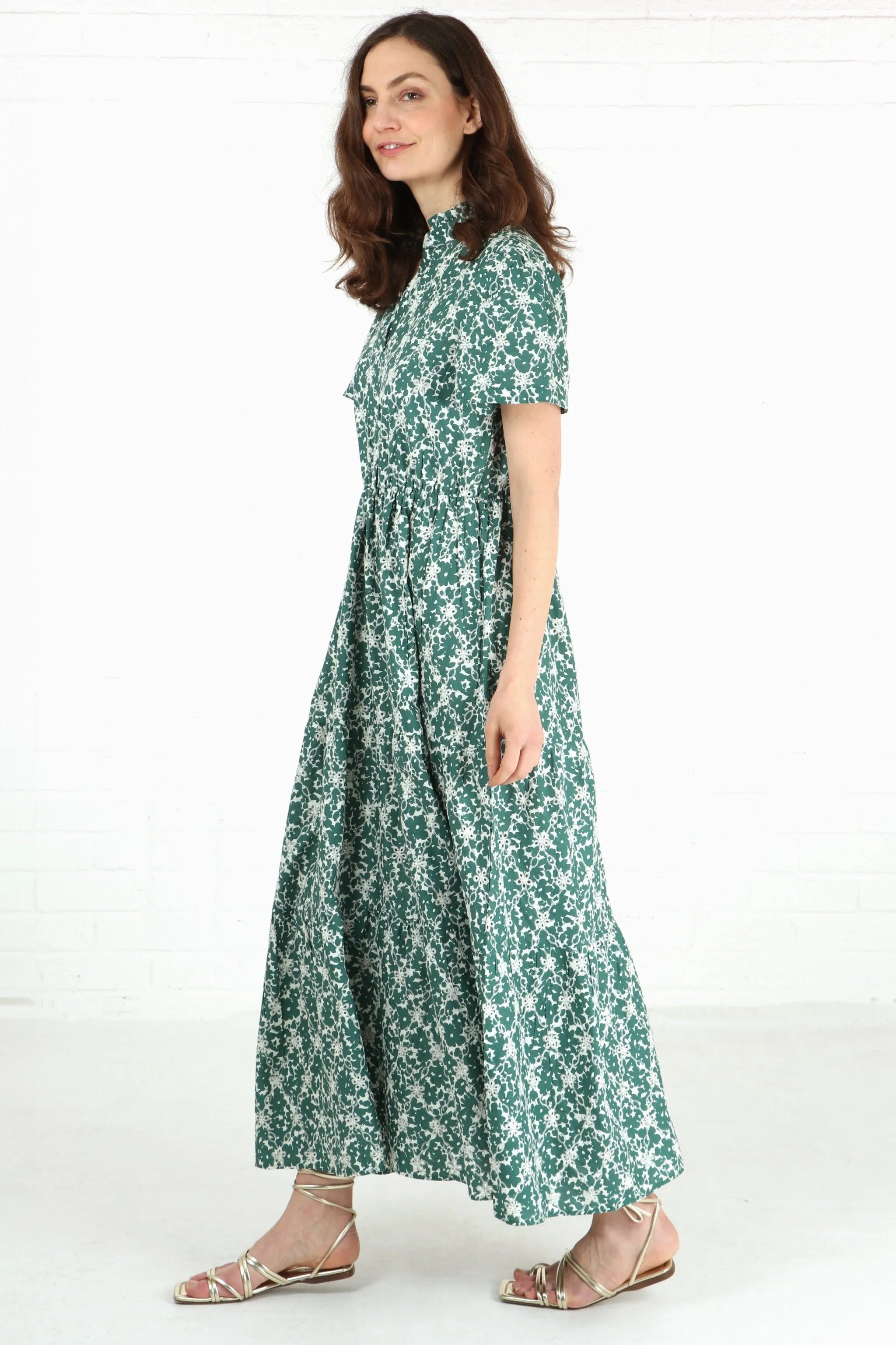 Floral Broderie Anglaise Tiered Short Sleeved Cotton Maxi Dress in Green