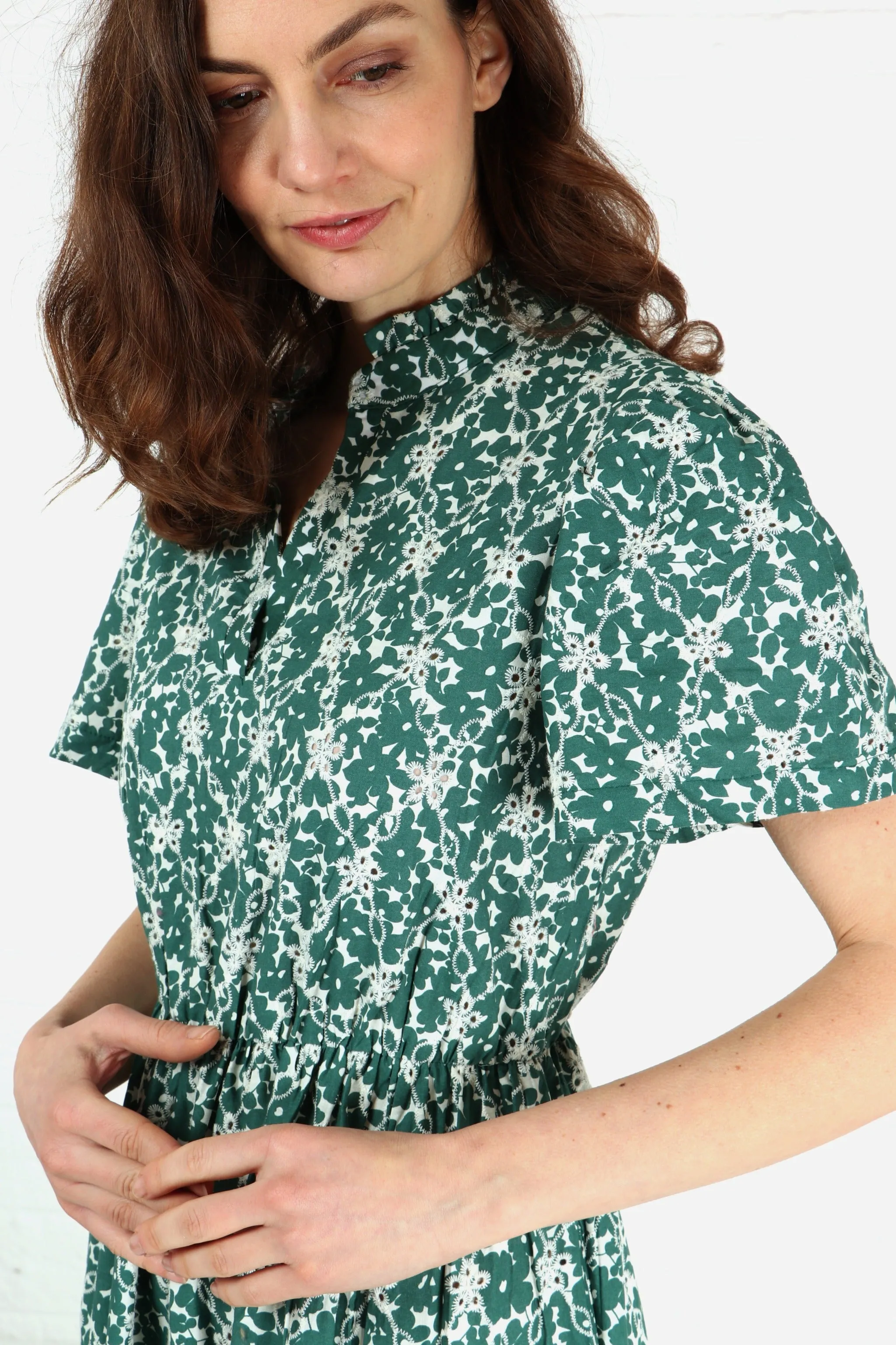 Floral Broderie Anglaise Tiered Short Sleeved Cotton Maxi Dress in Green
