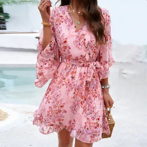 Floral Print Ruffled V-neck Short Dress