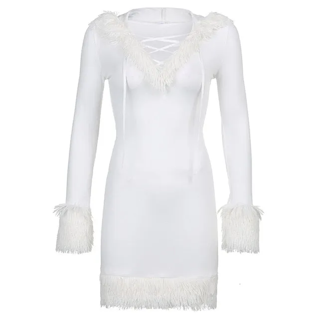 Furry White Bodycon Mini Dress Women Autumn Long Sleeve Hooded V Neck Skinny Fuzzy Streetwear Winter