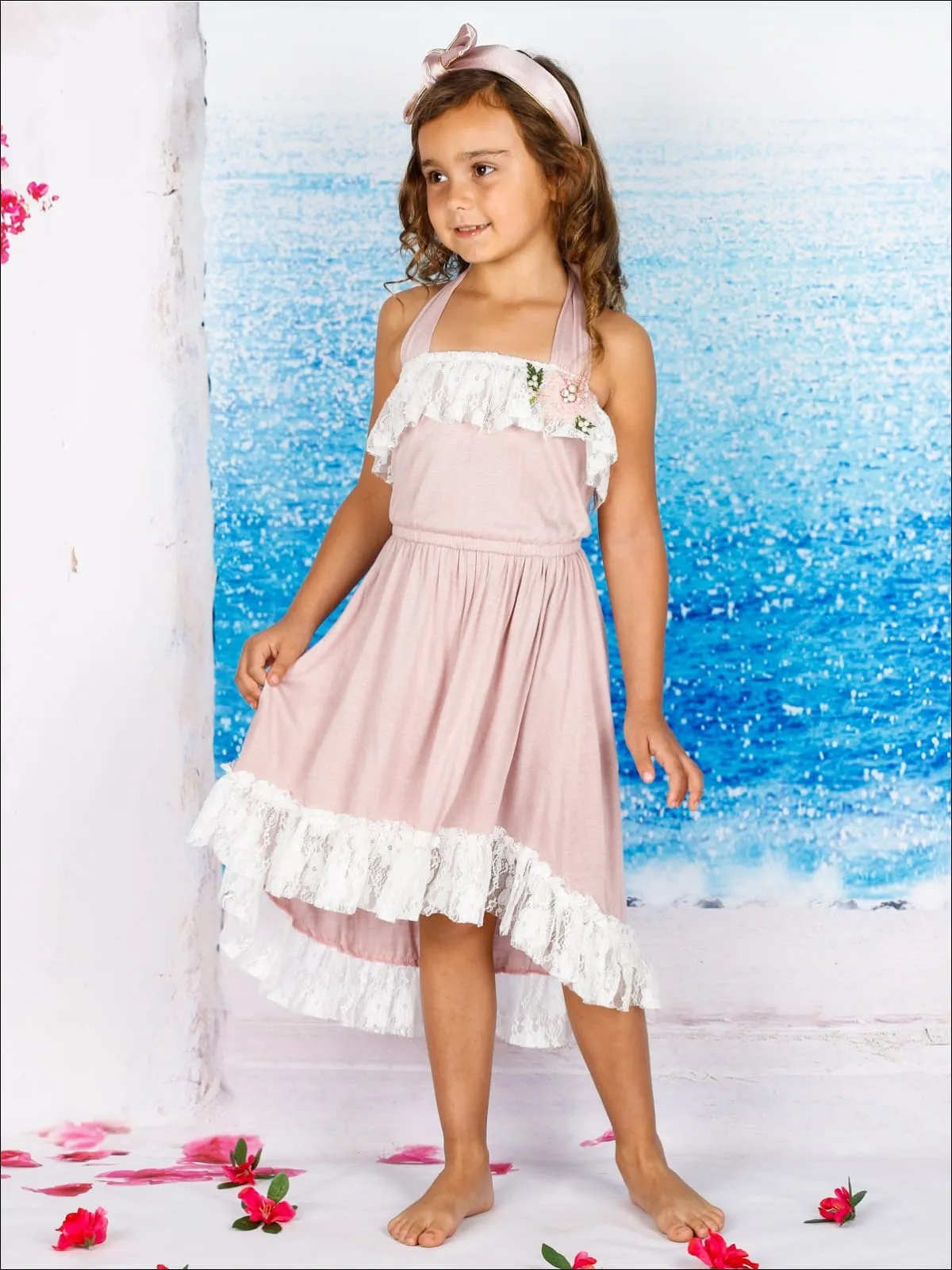 Girls Lace Ruffled Hi-Lo Elastic Waist Halter Neck Dress