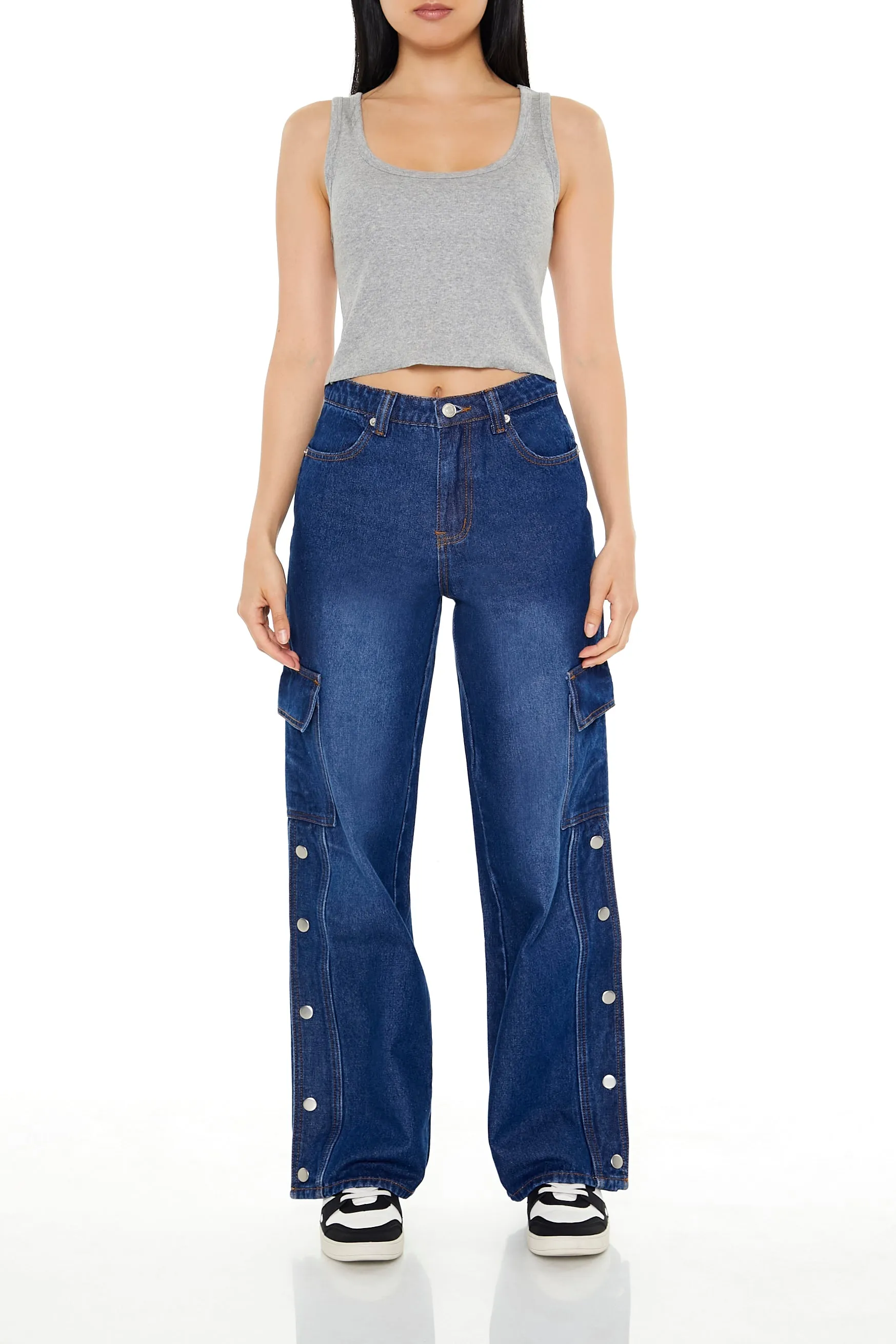 High Rise Buttoned Wide Leg Cargo Jean