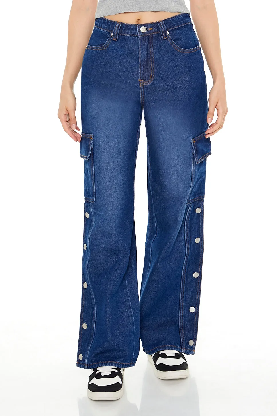 High Rise Buttoned Wide Leg Cargo Jean