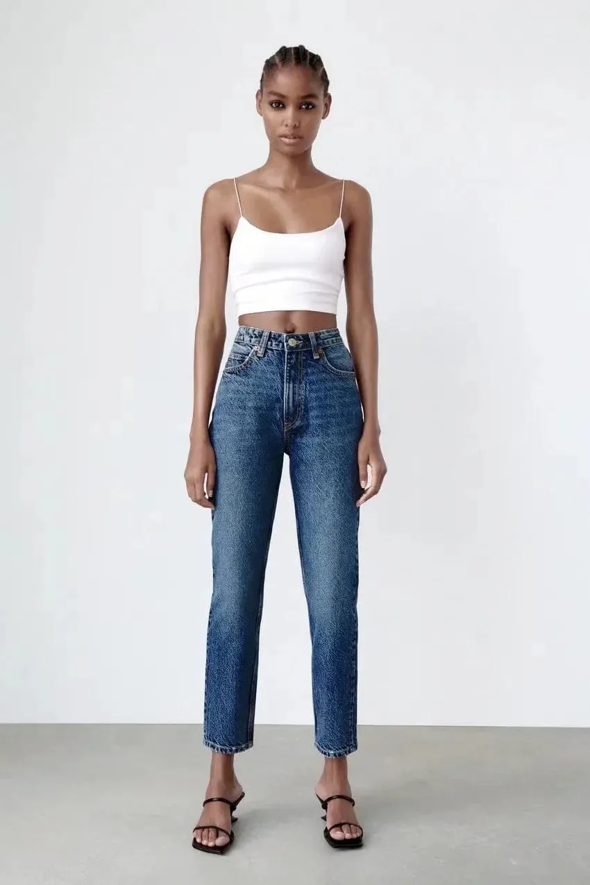 High Rise Cropped Slim Fit Mom Denim Jeans