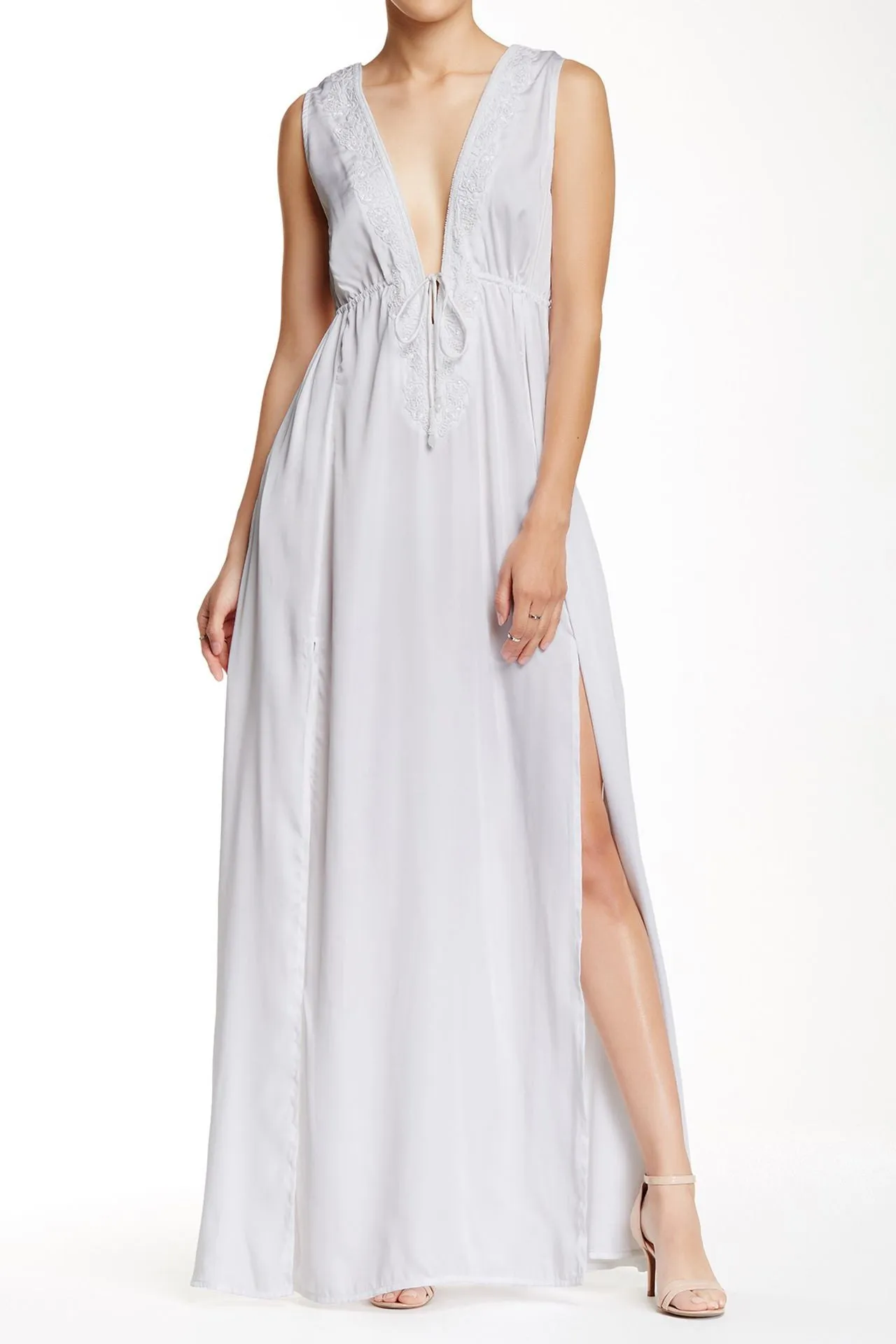 High Slit Long White Silk Dress