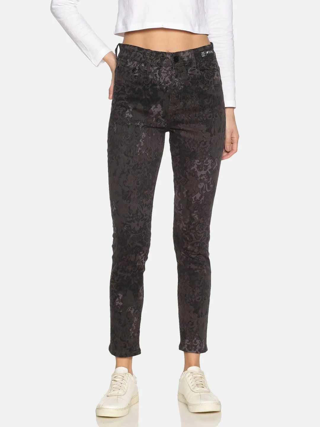 High Waisted Skinny Women Jeans With Abstract Print And Wash All Over