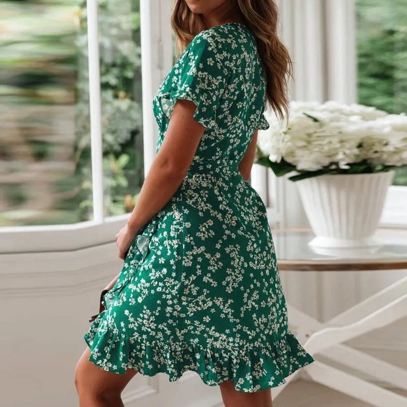 HILORILL Floral Print V-Neck Chiffon-Poly Wrap Mini Dress