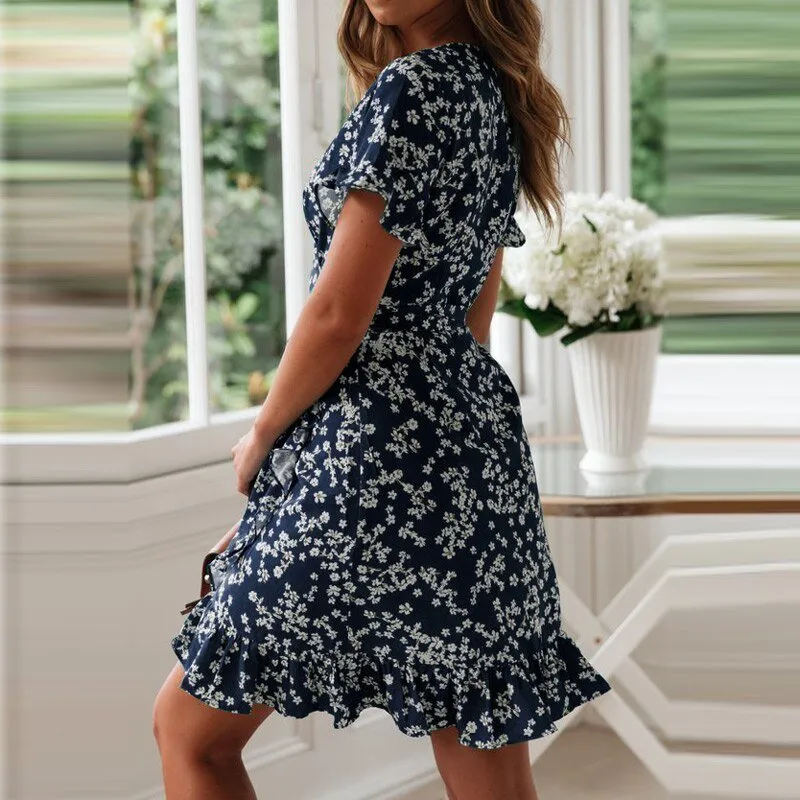 HILORILL Floral Print V-Neck Chiffon-Poly Wrap Mini Dress