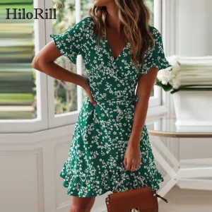 HILORILL Floral Print V-Neck Chiffon-Poly Wrap Mini Dress