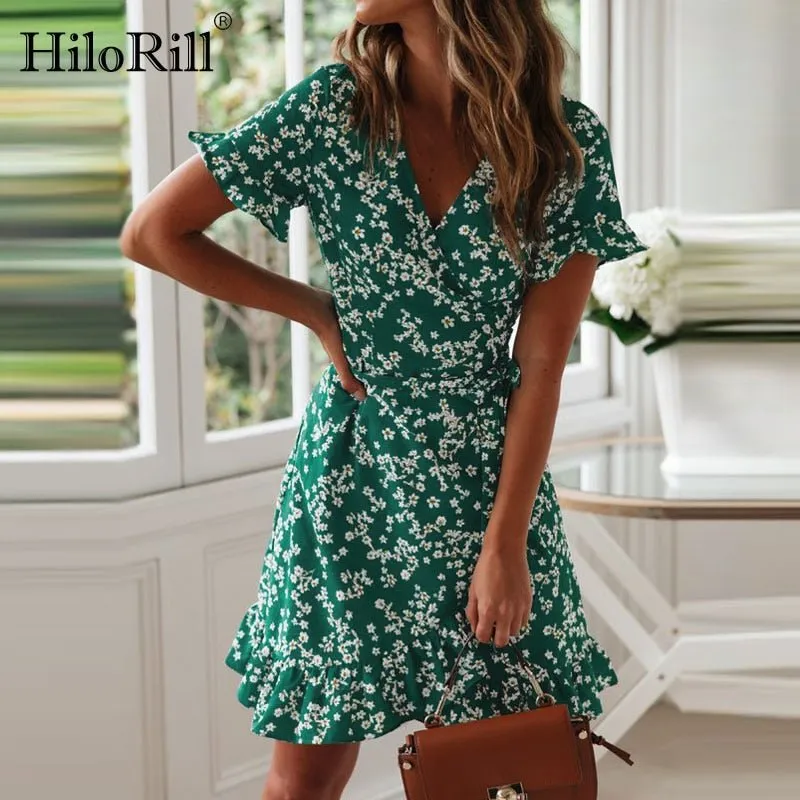 HILORILL Floral Print V-Neck Chiffon-Poly Wrap Mini Dress