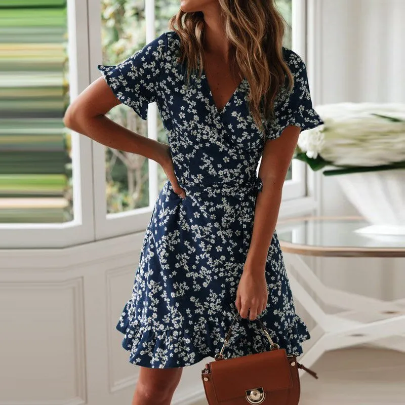HILORILL Floral Print V-Neck Chiffon-Poly Wrap Mini Dress
