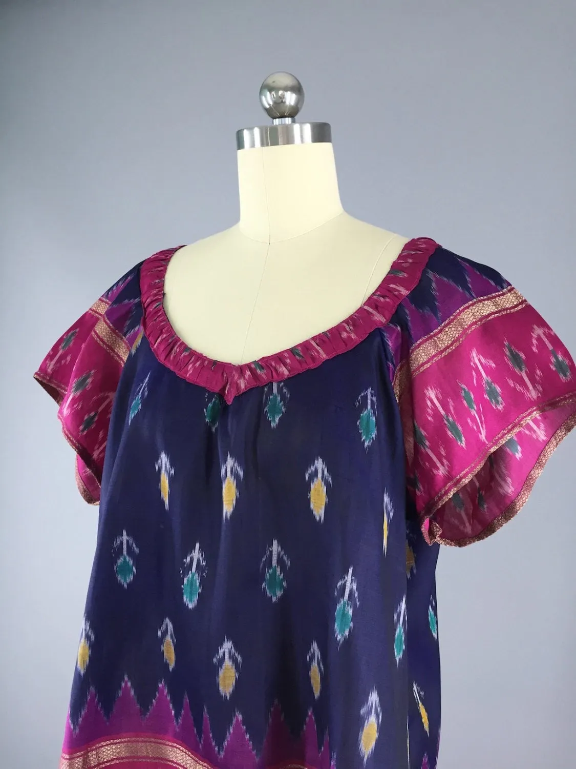 India Silk T-Shirt Blouse / Vintage Indian Sari / Blue and Pink Ikat / Size Large