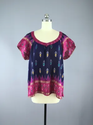 India Silk T-Shirt Blouse / Vintage Indian Sari / Blue and Pink Ikat / Size Large