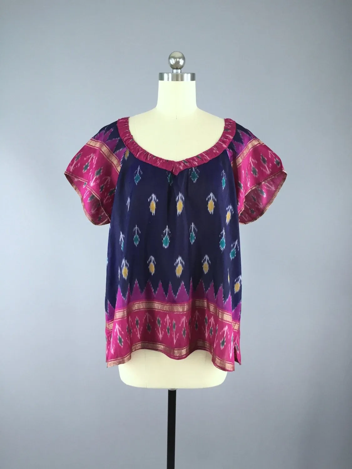 India Silk T-Shirt Blouse / Vintage Indian Sari / Blue and Pink Ikat / Size Large