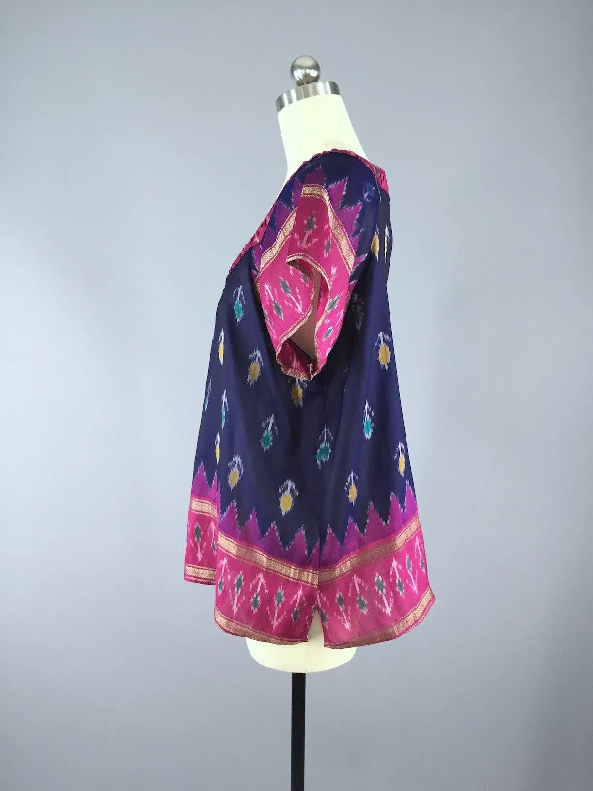 India Silk T-Shirt Blouse / Vintage Indian Sari / Blue and Pink Ikat / Size Large