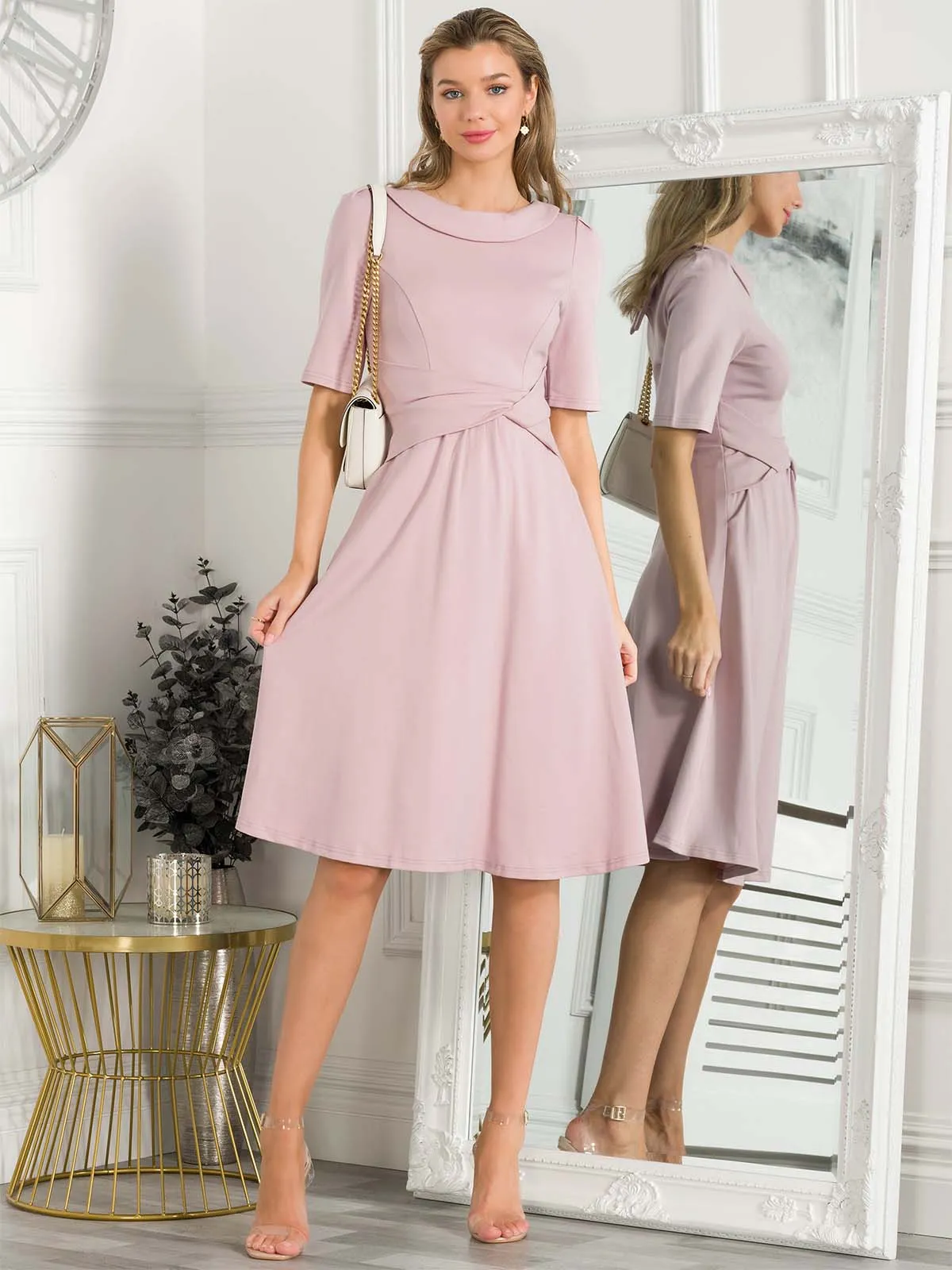 Jolie Moi Fold Over Fit and Flare Midi Dress, Heather