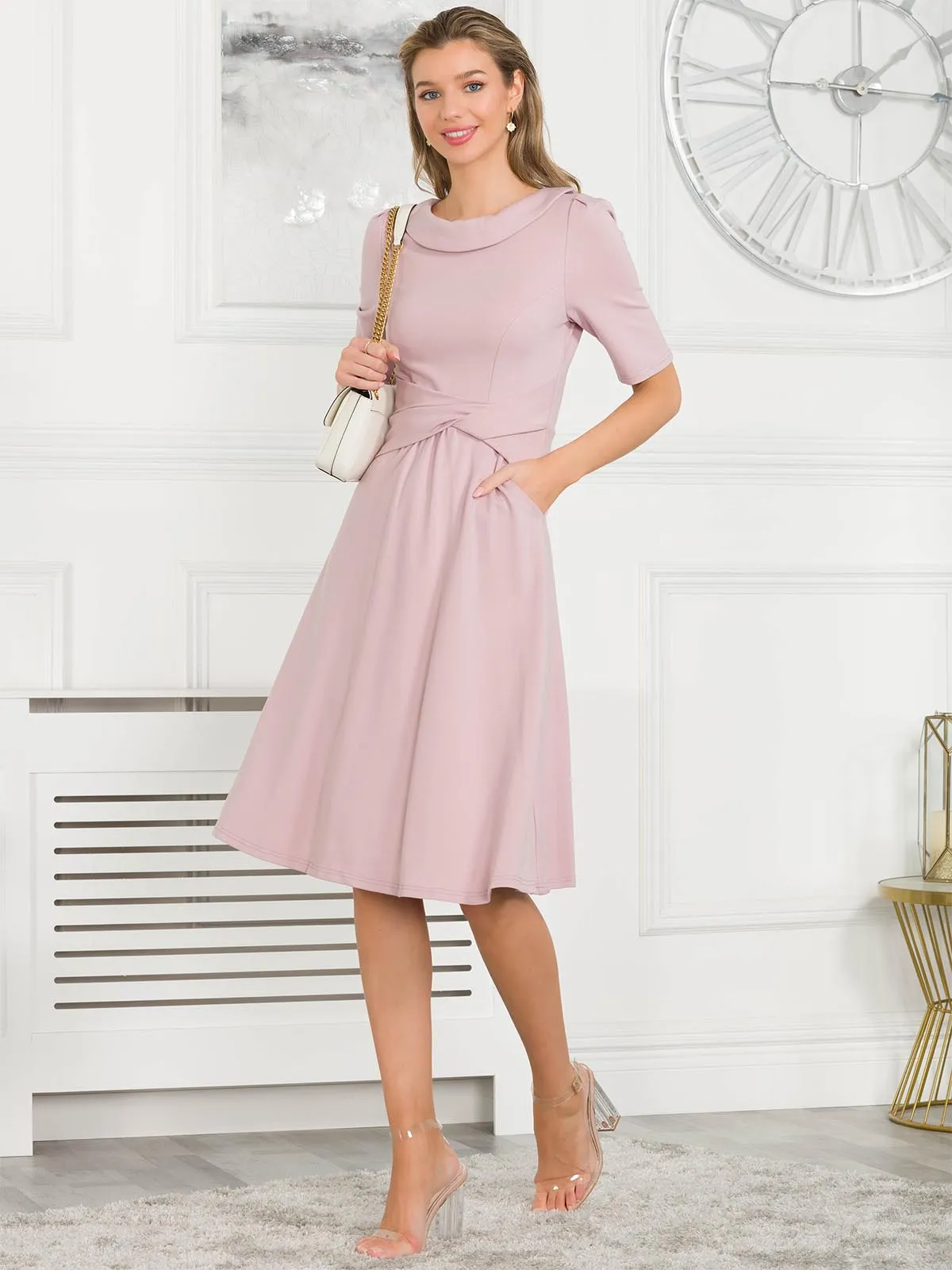 Jolie Moi Fold Over Fit and Flare Midi Dress, Heather