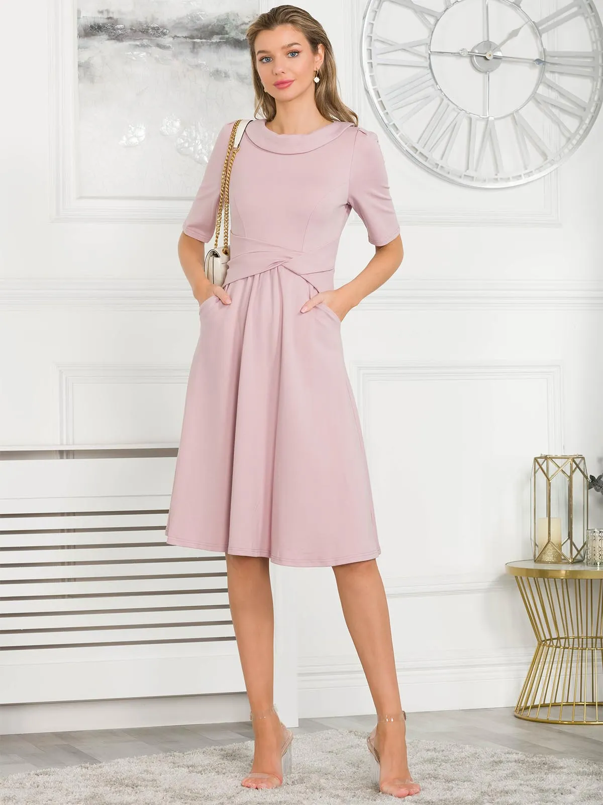 Jolie Moi Fold Over Fit and Flare Midi Dress, Heather