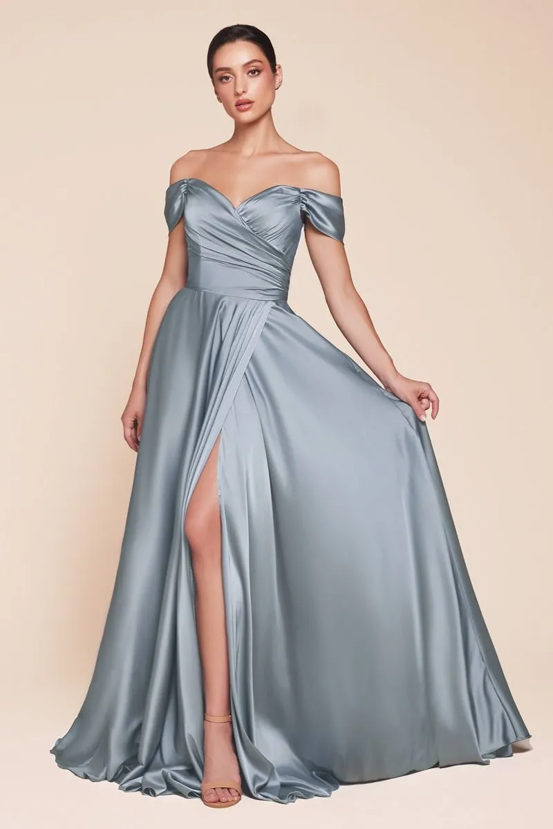 Ladivine 7493C Long Plus Size A-Line Off the Shoulder Satin Dress