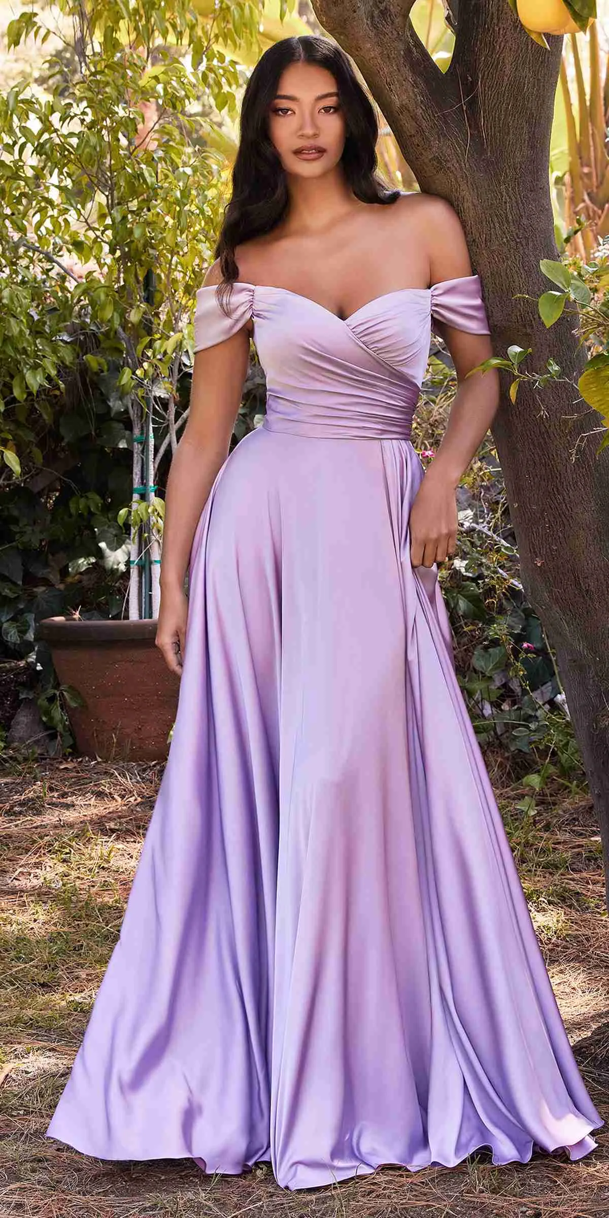 Ladivine 7493C Long Plus Size A-Line Off the Shoulder Satin Dress