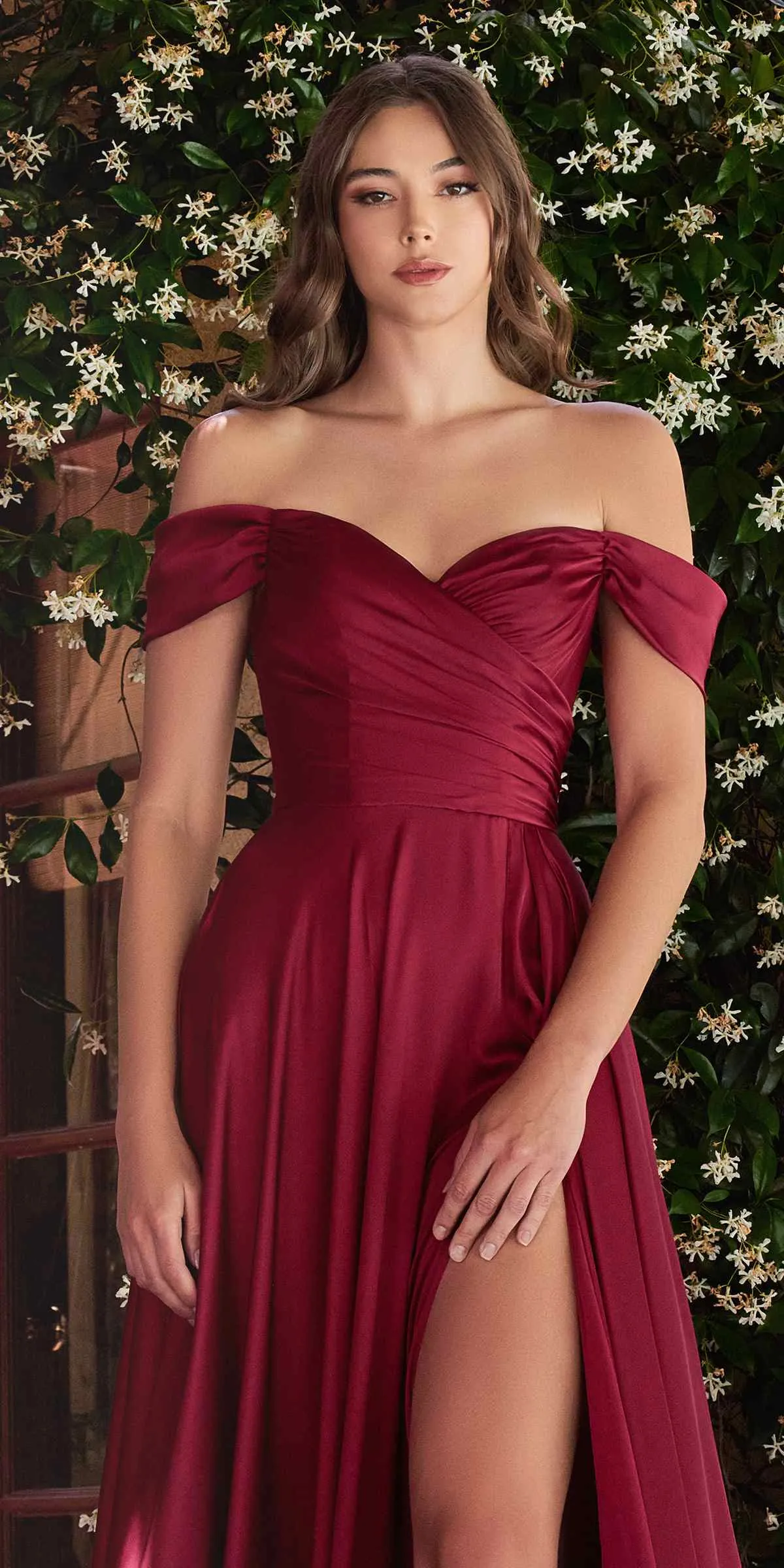 Ladivine 7493C Long Plus Size A-Line Off the Shoulder Satin Dress