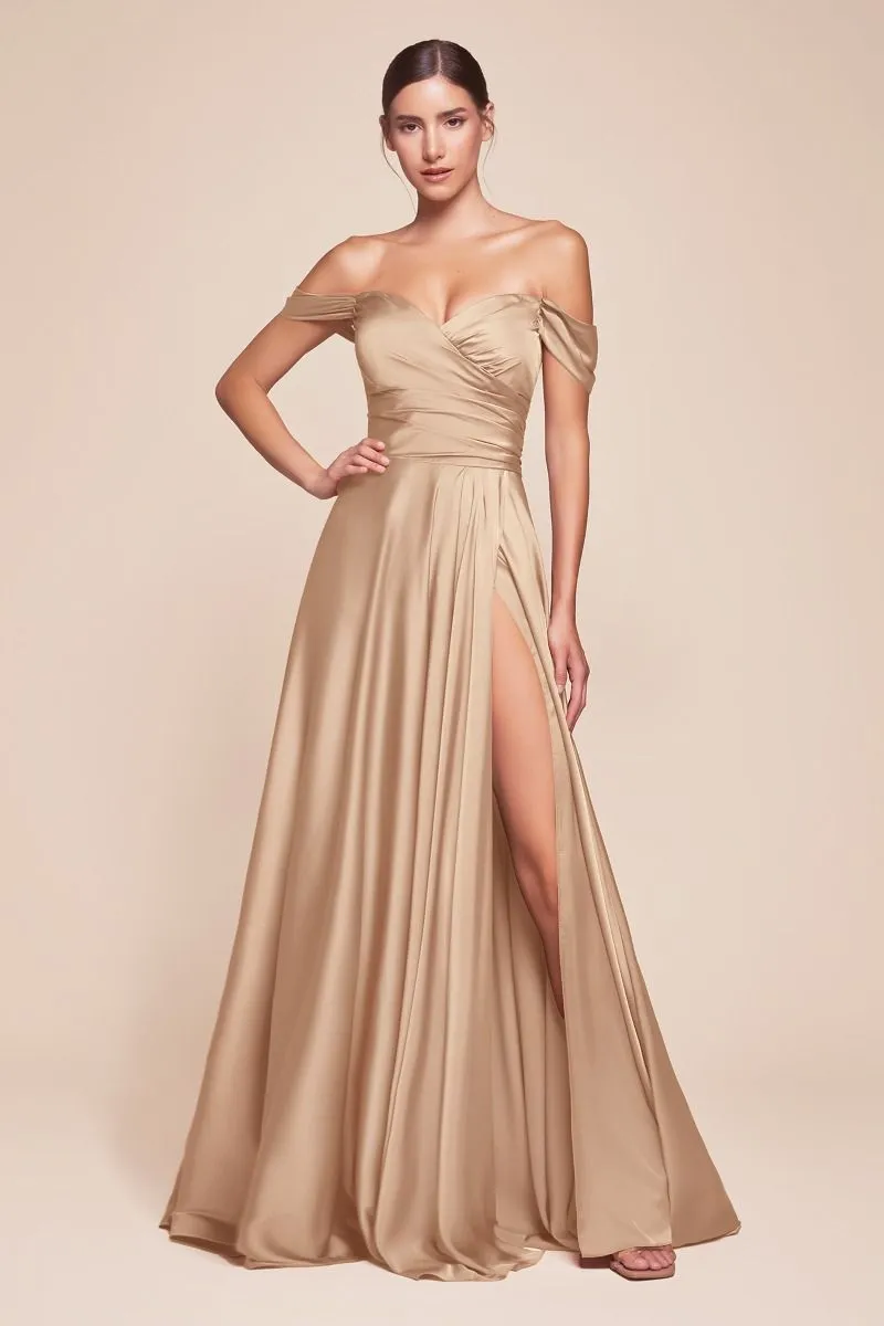 Ladivine 7493C Long Plus Size A-Line Off the Shoulder Satin Dress