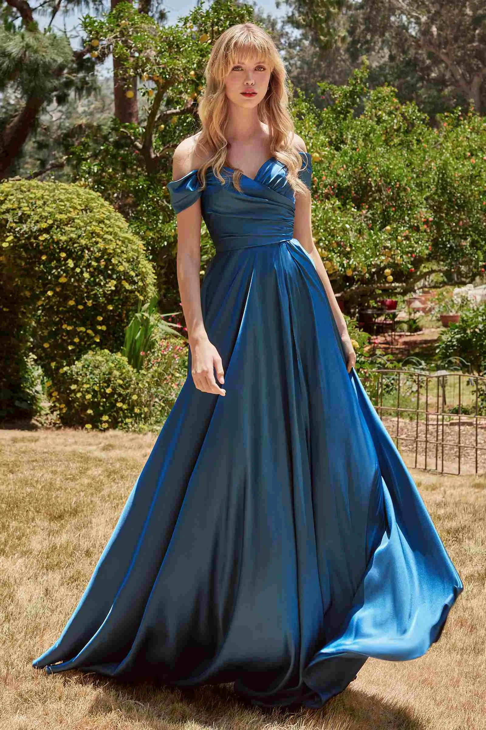 Ladivine 7493C Long Plus Size A-Line Off the Shoulder Satin Dress