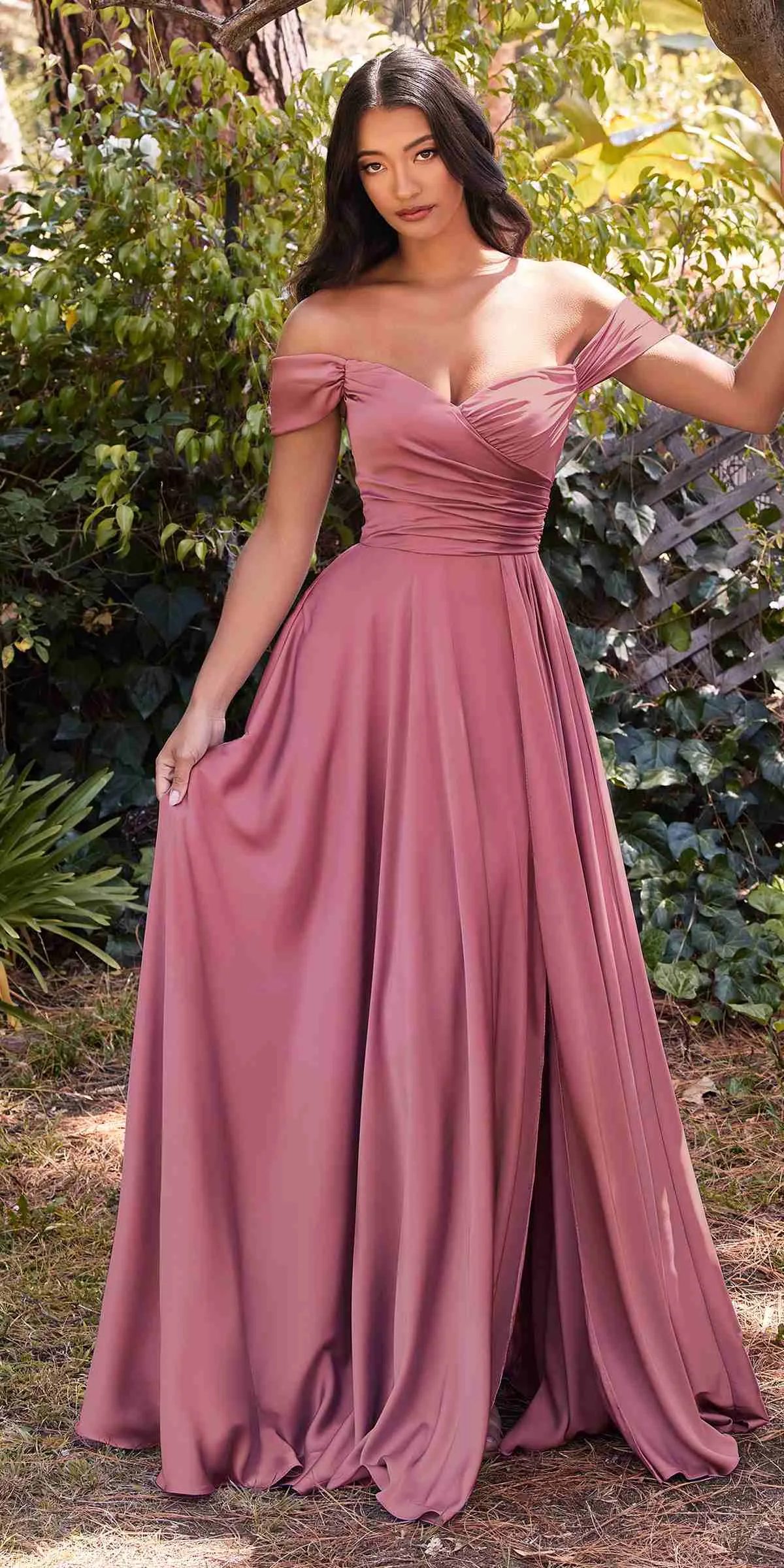 Ladivine 7493C Long Plus Size A-Line Off the Shoulder Satin Dress