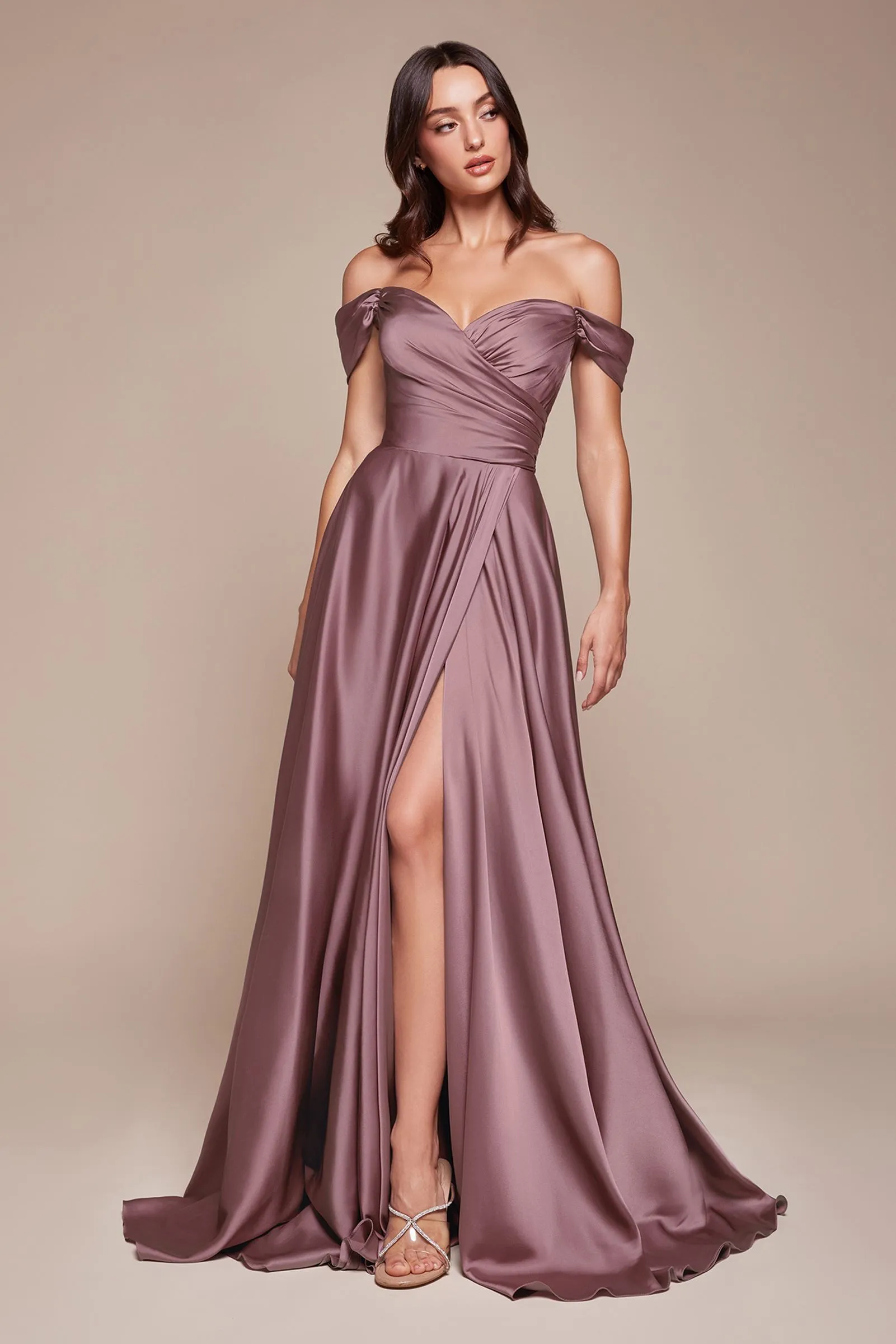 Ladivine 7493C Long Plus Size A-Line Off the Shoulder Satin Dress