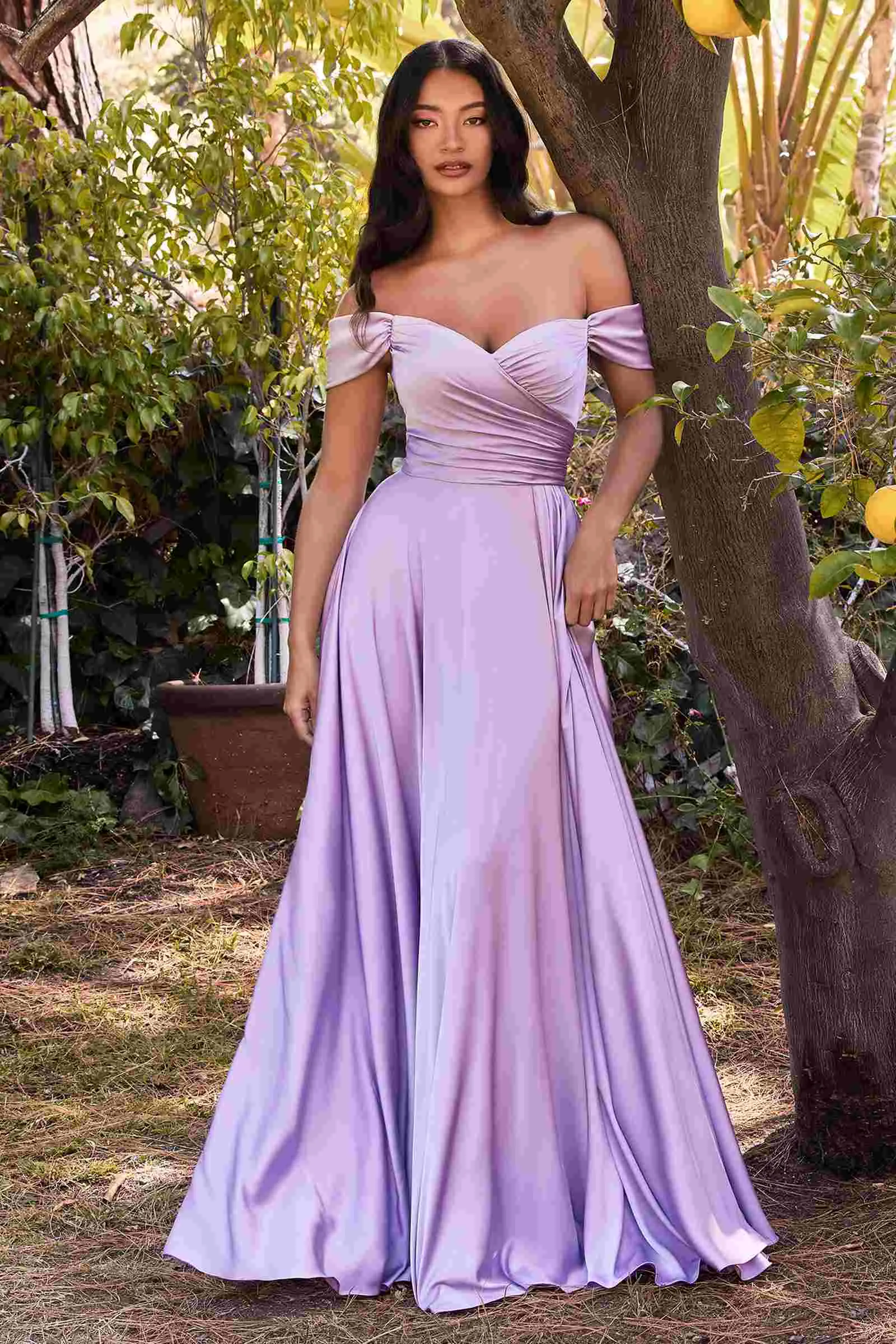 Ladivine 7493C Long Plus Size A-Line Off the Shoulder Satin Dress