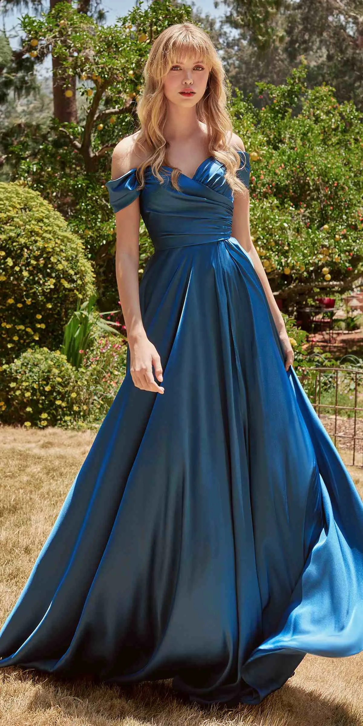 Ladivine 7493C Long Plus Size A-Line Off the Shoulder Satin Dress