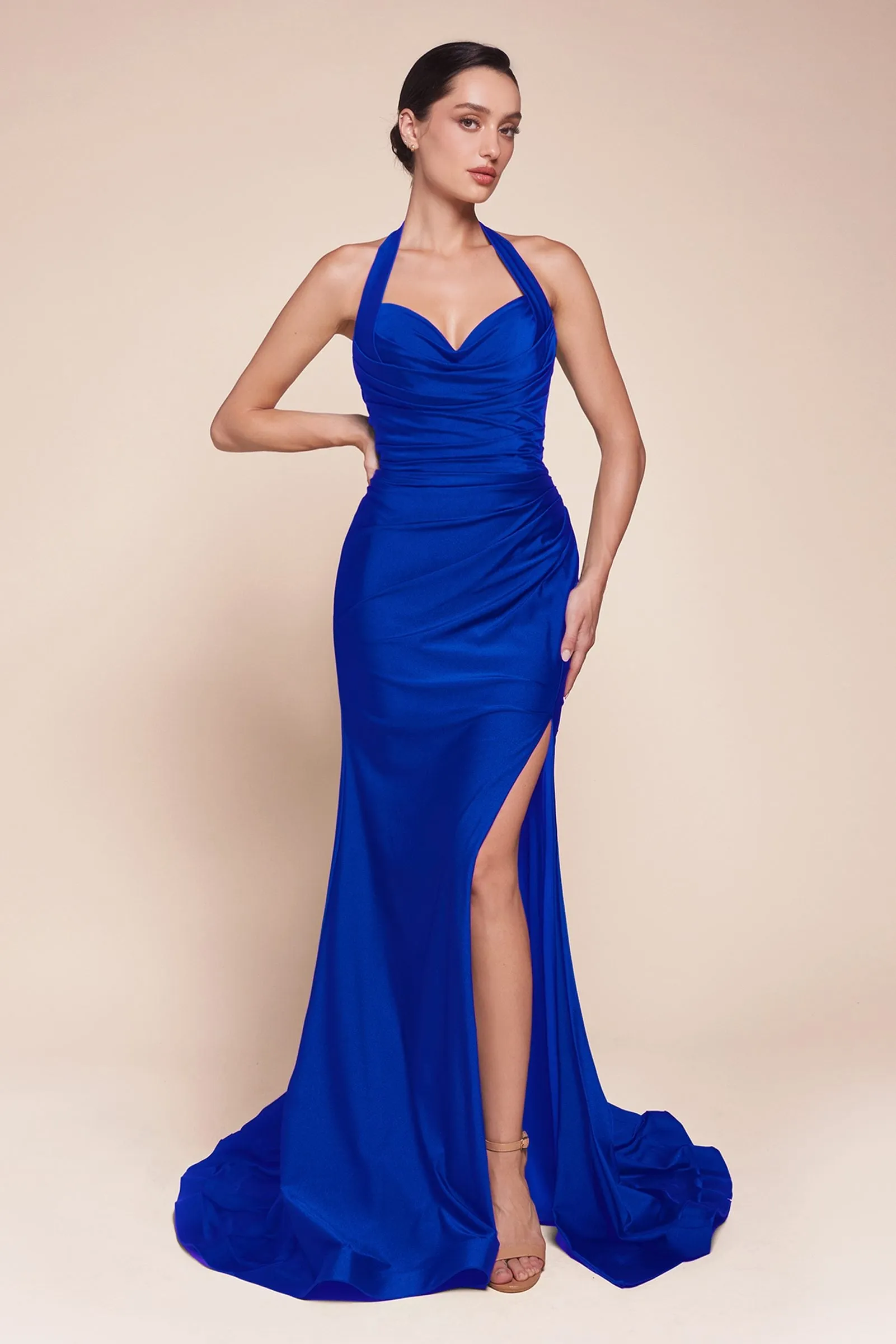 Ladivine CD796 Dress Stretch Satin Halter Fitted Gown
