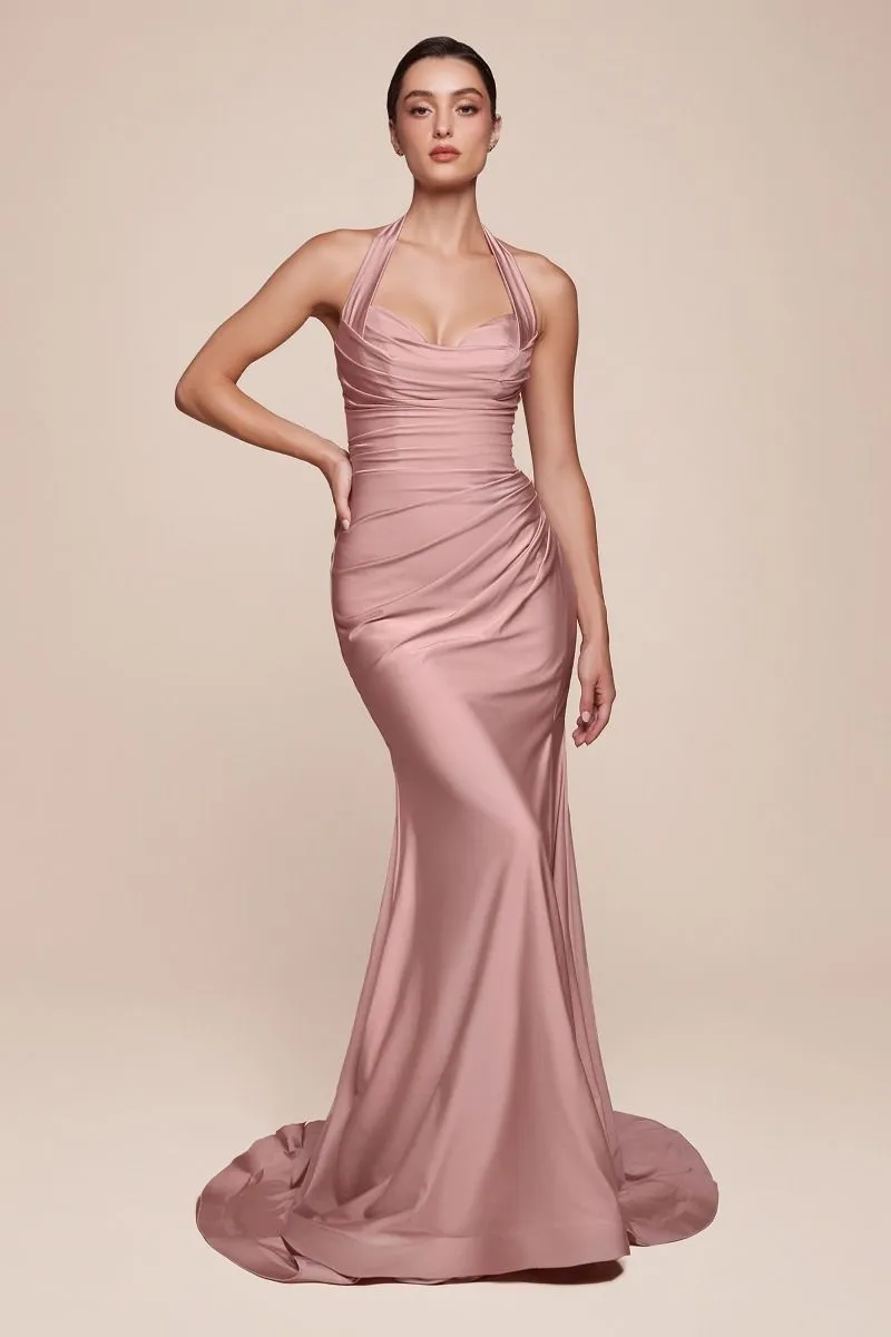 Ladivine CD796 Dress Stretch Satin Halter Fitted Gown